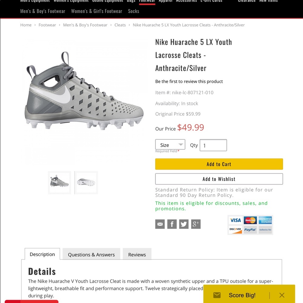 Boys Nike Cleats.  🏈🥍 Gray and white, size 3.